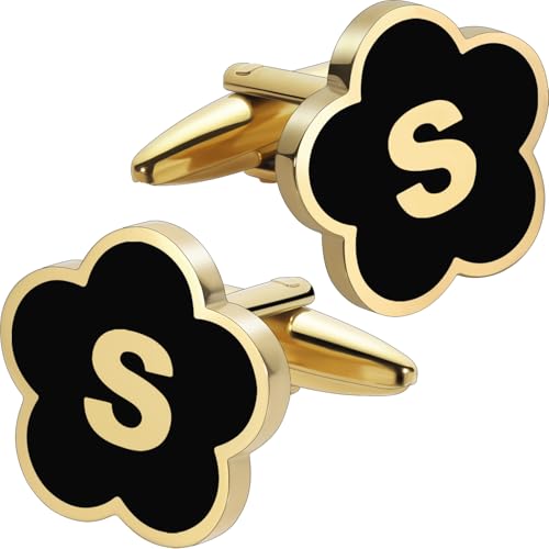 Initial Cufflinks for Mens,Personalized Black Glod Pated Letter Shirts CuffLinks,Stainless Steel Cuff Links, Business Wedding Gift A-Z - style: Letter S
