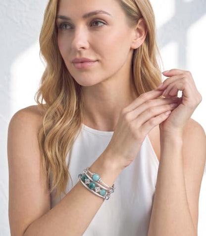 Beaded Pearl Bangle Wrap Bracelet - Fashion Bohemian Jewelry Multilayer Charm Bracelet with Thick Silver Metal Beads, Gift For Women - color: Jade Green