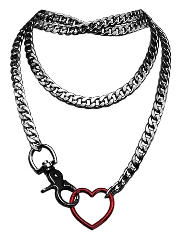 paloli Women's Slip Chain Rainbow Heart O-Ring Chunky Chain Necklace, Rays Cuban Long Layered Jewelry, Adjustable Lariat Y-Necklace Heart Loop Choker - color: C-Heart-Black-Red