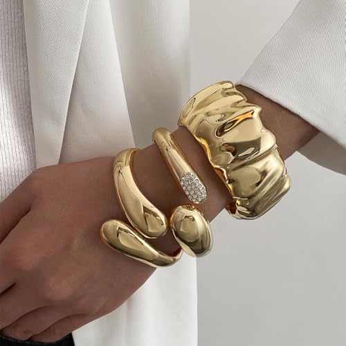 Big Chunky Gold Bracelets Set for Women 3Pcs Cuff Wide Bracelet Trendy High Shine Bracelets Minimalist Open Wide Cuff Bracelets Gold Bangle Bracelet Jewelry for Women - style: B-Gold