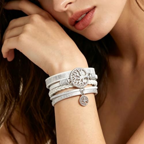 Tree of Life Multilayer Faux Leather Wrap Bracelet, Boho Braided Cuff Wristband with Metal Buckle, Spiritual Layered Bangle Jewelry Gift for Women Girls (White)