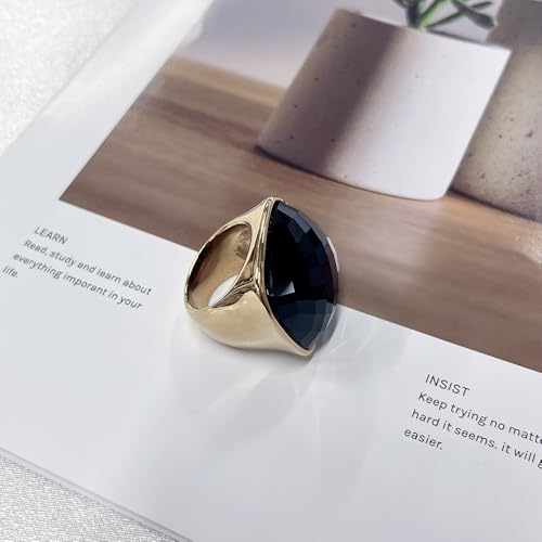 Chunky Square Crystal Glass Stainless Steel Statement Ring for Women Men Gold-Tone Plated Exaggerated Large Geometric Green Cubic Zirconia Finger Band Knuckle Rings Cocktail Prom Fashion Jewelry - color: Black