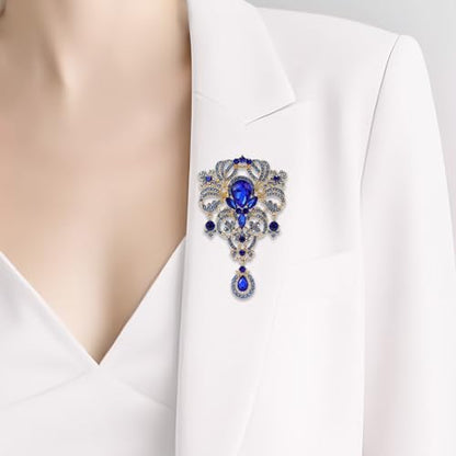 YOQUCOL Retro Austrian Crystal Big Brooch Pin for Women Large Flower Shape Brooches Lapel Pins for Sweater,Coat Dress Accessories - color: A-Blue