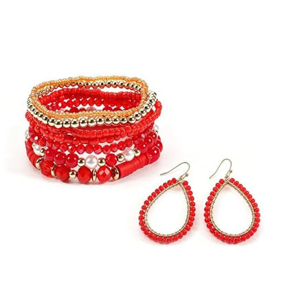 Bohemia Multilayer Stackable Beaded Bracelets Earrings Set Colorful Sparkly Crystal Beaded Stretch Bracelets Teardrop Earrings for Women Men Summer Beach Boho Vacation Jewelry - color: Red