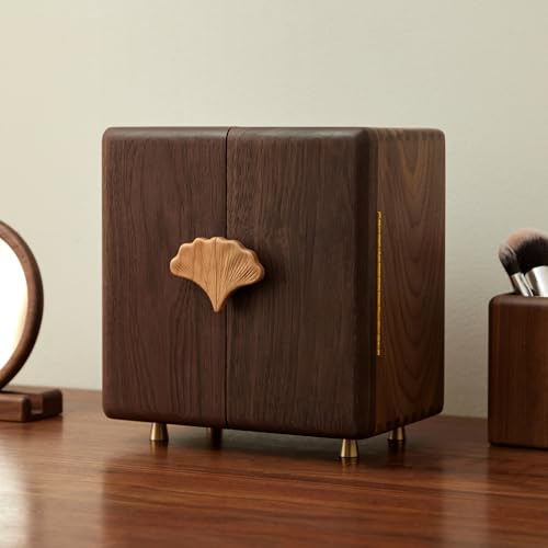Black Walnut Wood Jewelry Box, Large | Women & Men, Velvet Lined, 5 Drawers, Hand Carved Ginkgo Leaf Handles, Double Door Wardrobe Design - size: Ginkgo leaves