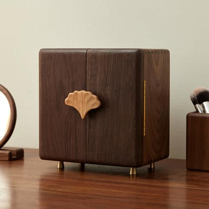 Black Walnut Wood Jewelry Box, Large | Women & Men, Velvet Lined, 5 Drawers, Hand Carved Ginkgo Leaf Handles, Double Door Wardrobe Design - size: Ginkgo leaves