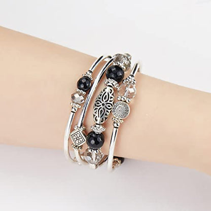 FULU AUTUMN Stackable Beaded Bracelets for Women Boho Wrap Silver Bracelet Layered Fashion Jewelry Gifts for Her - color: Black grey