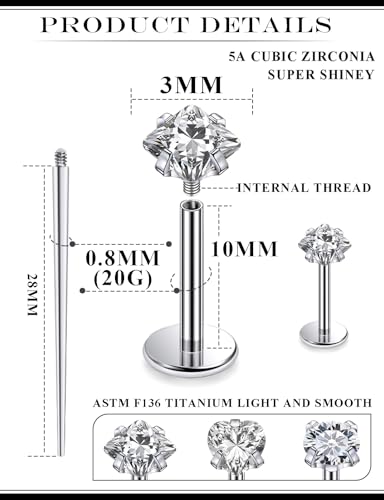 20G 18G 16G Astm F136 Titanium Internal Thread Flat Back Earrings Nose Studs Tragus Helix Conch Cartilage Lobe Earrings Medusa Labret Snake Bite Monroe Lip Ring Piercing Jewelry For Women Men - color: Clear, size: 20G-10MM Bar-CZ 3MM