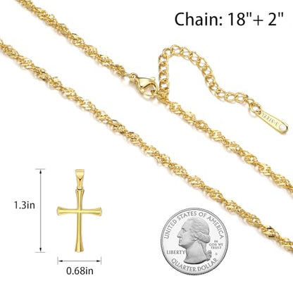Small Cross Pendant Necklace for Women, 18" + 2" Wave Chain Stainless Steel - color: Gold