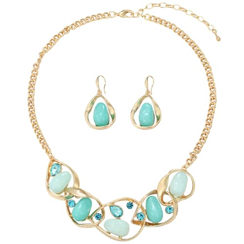 Chunky Statement Jewelry Set Blue Ocean Seashell Choker Necklaces Earrings Set for Women Pearl Bib Collar Necklaces for Party Prom Pageant Summer Fashion Jewelry Unique Birthday Gift - style: Geometric connection JS gold aqua