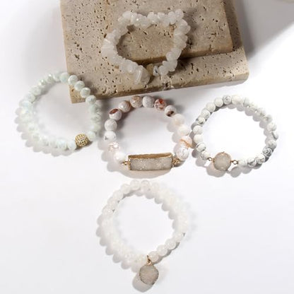 Yomisa 5PCS 6PCS Natural Boho Beaded Bracelets/Bangle for Women Men,Healing Turquoise Jasper Agate Crystal Gemstone Stone Chakra Multilayer Wrap Bohemian Handmade Jewelry Beads Stretch Bracelet Set - color: 5PCS-White