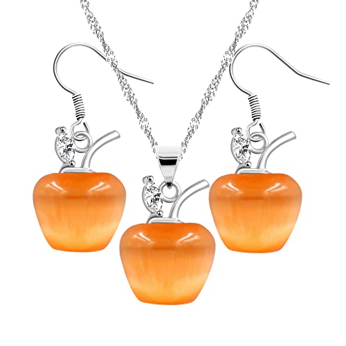 Uloveido Apple Necklace and Earrings Set for Women Cute Apple Jewelry Set for Teacher Mom YL007 - color: Orange