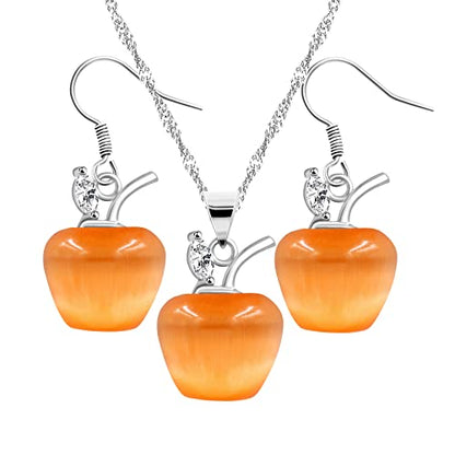 Uloveido Apple Necklace and Earrings Set for Women Cute Apple Jewelry Set for Teacher Mom YL007 - color: Orange