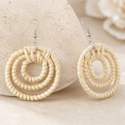 Handmade Rattan Teardrop Dangle Earrings for Women, Lightweight Boho Woven Statement Earrings with Gold Fish Hook, Natural Straw Weave Vacation Jewelry for Summer Beach - style: Round