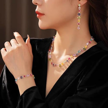 Silver Plated Rainbow Crystal Necklace, Sparkly Cubic Zirconia Rhinestone Multicolor Chain Choker Bracelet Earring Jewelry Set - style: Necklace+Bracelet
