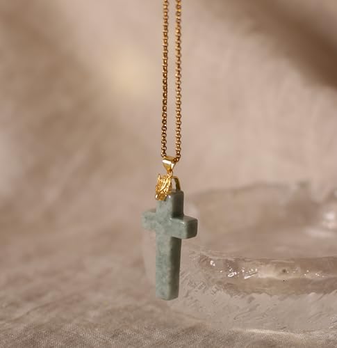 Jade Cross Pendant Necklace, Designed in California, Green Jade Stone with 18K Gold Plated Fox Bail, Religious Amulet Jewelry Gift for Men and Women