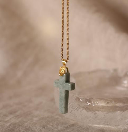 Jade Cross Pendant Necklace, Designed in California, Green Jade Stone with 18K Gold Plated Fox Bail, Religious Amulet Jewelry Gift for Men and Women
