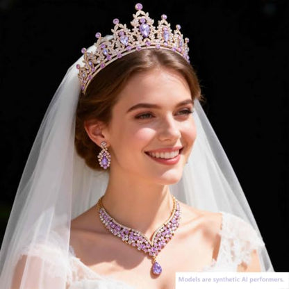 Kamirola Bridal Wedding Tiara Crown Jewelry Set for Women/Brides/Bridesmaids Crystal Jewelry Set for Wedding Prom Party Bridal Crystal Necklace Earrings Bracelet Set(TR60) - color: Gold Purple