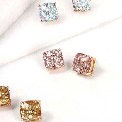 Large Square Stud Earrings for Women - Big Sparkly Rhinestone Studs | Plated in Gold Tone or Silver Tone, Hypoallergenic and Safe for Sensitive Ears - color: Rose Gold Glitter