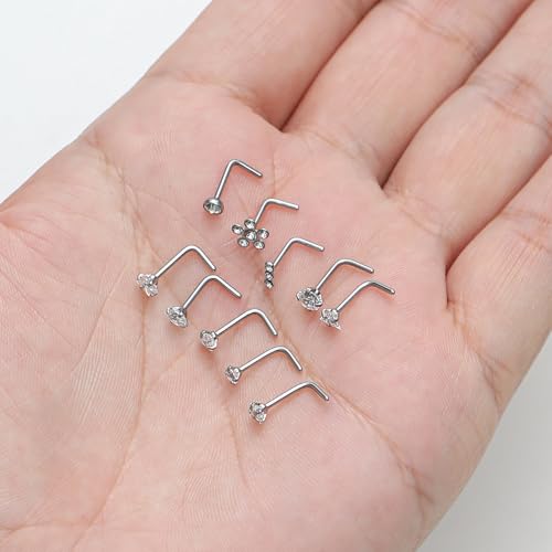 12Pcs Nose Rings Studs 20G Stainless Steel L Screw Bone Shaped Nostril Piercing Triangle Flower Square Heart Pentagram Round CZ Nose Stud Piercing Jewelry for Women Men Silver Tone - style: elegance