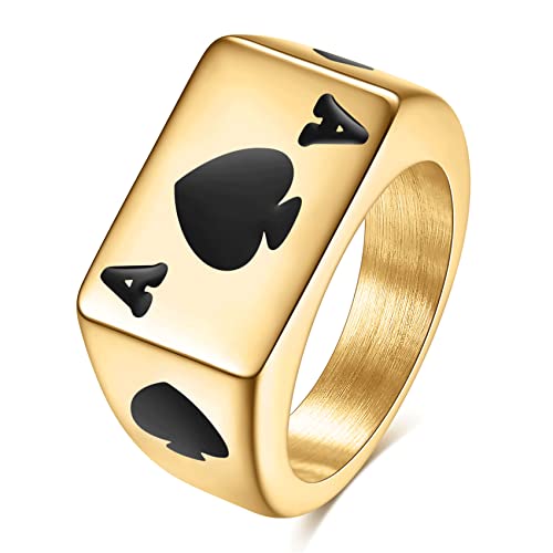 VQYSKO 14K Gold Plated Square Signet Ring | Stainless Steel Band for Men - color: Gold Spade Ace