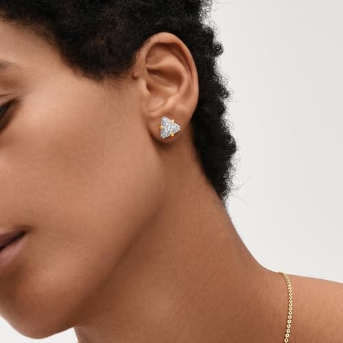 MEVECCO Pave Cubic Zirconia Stud Earrings for Women, 18K Gold Plated Brass | Pave CZ Fronts, Curved Gold Plated Edge Accents, Soft Motifs and Clean Geometric Styles - style: triangle