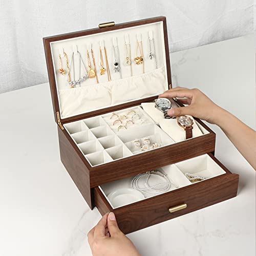 High-end Solid Wood Jewelry Storage Box Ladies Retro Wooden Necklace Jewelry Bracelet Watch Display Box Handmade Wedding Birthday Anniversary Jewelry Collection Box(Double Layer) - size: double layer