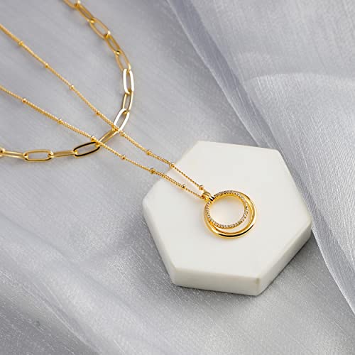 Fettero Pendant Necklace Gold Choker Layered Coin Open Karma Circle Full New Crescent Moon 14K Gold Plated Simple Dainty Necklaces for Women Jewelry Gift - style: Double Circle / 2 Layer