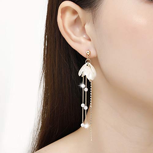 Kruckel Long Dangle Earrings for Women, White Floral Pearl-Inspired | Pearl Drop Earrings, Lightweight Gold-Tone Jewelry for Weddings, Parties, Bridesmaids, Birthdays and Occasion Gifts - color: White