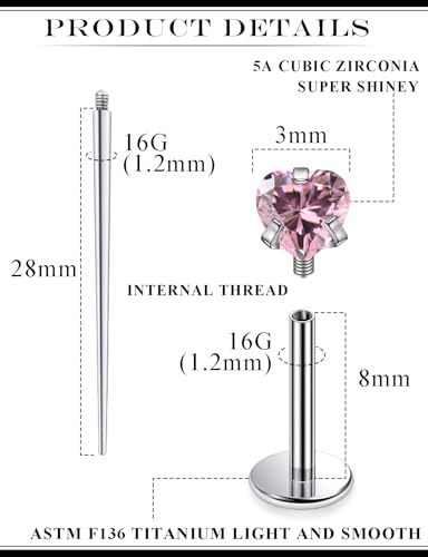 20G 18G 16G Astm F136 Titanium Internal Thread Flat Back Earrings Nose Studs Tragus Helix Conch Cartilage Lobe Earrings Medusa Labret Snake Bite Monroe Lip Ring Piercing Jewelry For Women Men - color: Pink, size: 16G-8MM Bar-CZ 3MM