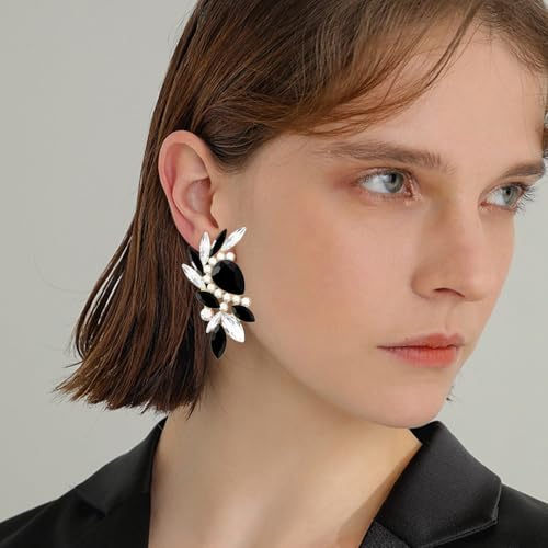 Bohemian Dainty Sparkly Crystal Teardrop Flower Dangle Drop Earrings Unique Lightweight Glitter Rhinestone Geometry Floral Stud Earrings For Women - style: Black