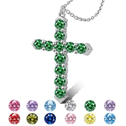 Cross Necklace for Women, Silver Cross Pendant Necklaces | 14K Gold Plated, Dainty CZ Cross Necklace, Non Tarnish and Hypoallergenic Jewelry for Women, Christian Religious Faith Gifts - color: A-Emerald Green-Silver