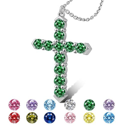 Cross Necklace for Women, Silver Cross Pendant Necklaces | 14K Gold Plated, Dainty CZ Cross Necklace, Non Tarnish and Hypoallergenic Jewelry for Women, Christian Religious Faith Gifts - color: A-Emerald Green-Silver