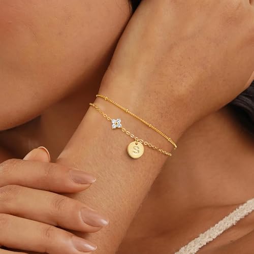 M MOOHAM Initial Bracelets for Women Girls Gifts, Birthday Gifts Jewelry | Dainty Four Leaf Clover Bracelet, Bracelets for Women Trendy, Initial Bracelet for Teen Girls, Personalized Birthday Gifts - color: R