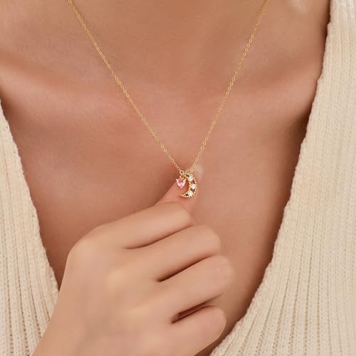 925 Sterling Silver Dainty Crescent Moon Necklace for Women | 14K Gold Plated White Cubic Zirconia Moon and Star Pendant Choker Necklace to Daughter Mother Trendy Wedding Jewelry Gifts - color: Gold D