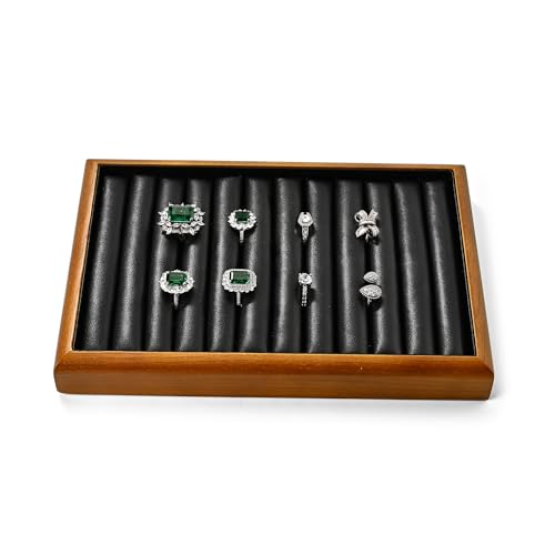 Oirlv Black Wood Jewelry Ring Display Tray | Black Solid Wood Frame, Soft Leather Interior, 9.84X17X1.18in Ring Tray, Beautiful Finish, Protects Jewelry - color: Black, size: 11 slot