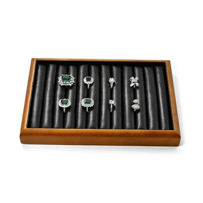 Oirlv Black Wood Jewelry Ring Display Tray | Black Solid Wood Frame, Soft Leather Interior, 9.84X17X1.18in Ring Tray, Beautiful Finish, Protects Jewelry - color: Black, size: 11 slot