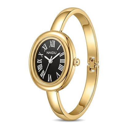 Women's Oval Bangle Watch, Elegant Open-Cuff Bracelet Wrist Watch with Roman Numeral Dial, Minimalist Luxury Fashion Quartz Watch for Ladies - color: Gold/Black