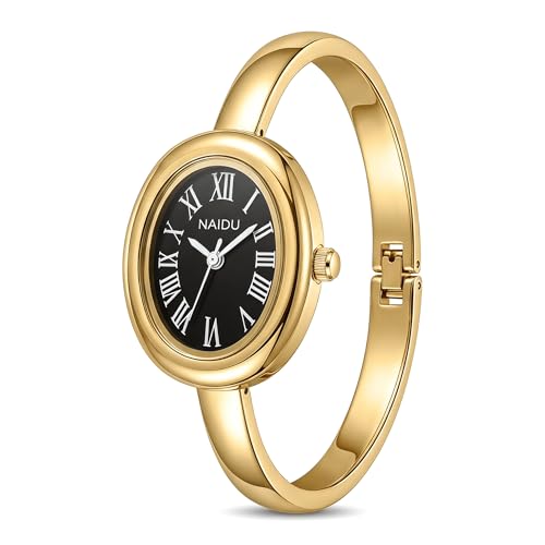Women's Oval Bangle Watch, Elegant Open-Cuff Bracelet Wrist Watch with Roman Numeral Dial, Minimalist Luxury Fashion Quartz Watch for Ladies - color: Gold/Black