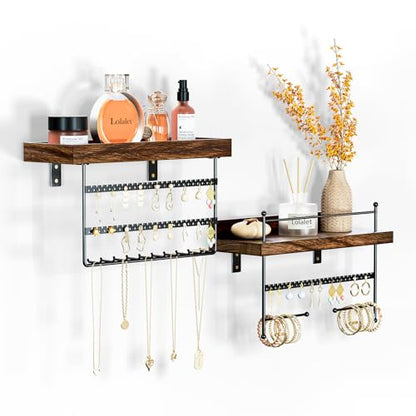 Lolalet Wall Mount Hanging Jewelry Organizer -Set of 2, Brown | Versatile Hanging Holder with Hooks for Earrings, Bracelets and Necklaces, Easy to Install on Bathroom Wall - color: Brown