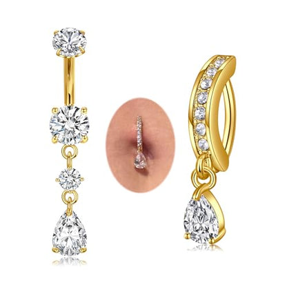 MODRSA Dangle Belly Button Ring Dangling Silver Gold Dangly Belly Piercing Jewelry Hypoallergenic Surgical Steel Butterfly Flower Navel Rings for Women Clicker Navel Piercings Pink - color: B2-Dangle Trendy 2pcs -gold