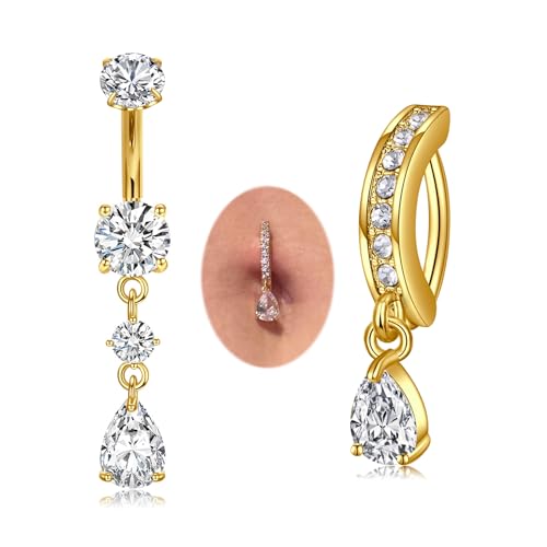 MODRSA Dangle Belly Button Ring Dangling Silver Gold Dangly Belly Piercing Jewelry Hypoallergenic Surgical Steel Butterfly Flower Navel Rings for Women Clicker Navel Piercings Pink - color: B2-Dangle Trendy 2pcs -gold