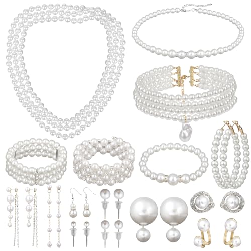 16 Pcs Pearl Jewelry Set with Necklace, Earrings and Bracelets, Pearl Necklaces for Women, Faux Pearls Set Jewelry for Wedding Bridal Christmas Party