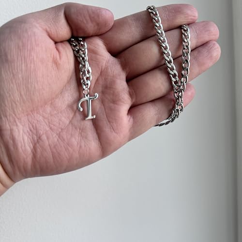 Stainless Steel Initial A-Z Necklace for Men Women,Cuban Chain,Titanium Steel Initial Letter Pendant Charm Necklaces Accessories Jewelry for Woman Man,21 Inch Chain - color: T