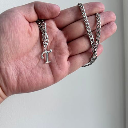 Stainless Steel Initial A-Z Necklace for Men Women,Cuban Chain,Titanium Steel Initial Letter Pendant Charm Necklaces Accessories Jewelry for Woman Man,21 Inch Chain - color: T