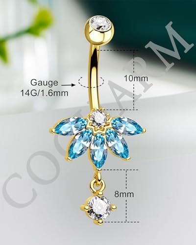 Lotus Belly Button Rings, 14G Dangle Belly Navel Rings for Women, Stainless Steel Belly Navel Piercing Jewelry - color: YGBL-10MM