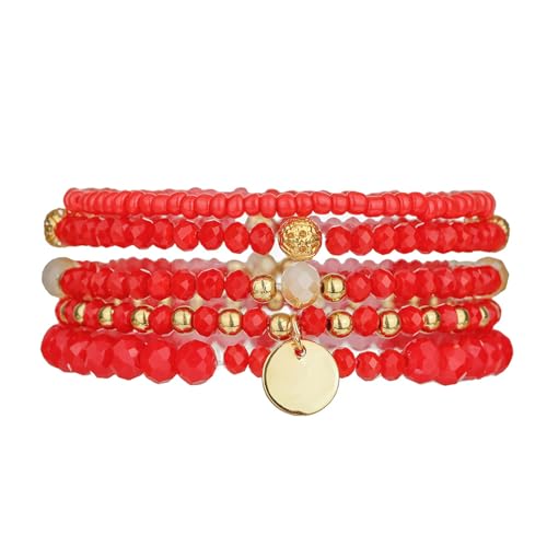 Bohemian Handmade Crystal Seed Beads Disc Pendant Colorful Multilayered Elastic Bracelets Stackable Stretch Strand Bangles Friendship Summer Beach Jewelry for Women - color: red 1