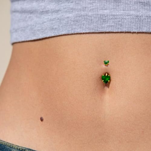2pcs 14k Gold Filled Belly Button Rings, 14G 8mm/10mm/12mm Threaded Barbell Belly Button Piercing, Navel Ring Piercing Jewelry - color: 14K GF-2pcs-Green Heart CZ-10mm