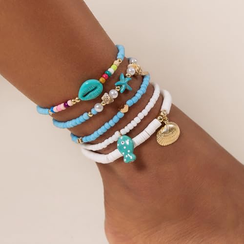 Cicy Bell Boho Ankle Bracelets Set for Women Beach Jewelry Bead Anklets | Hawaiian Shell Starfish Charm,Adjustable,Waterproof Non Tarnish,Summer Vacation Foot Jewelry - color: Gold E