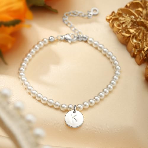 Pearl Initial Bracelet for Women | Gifts for Kids Teen Girls, Dainty Letter Pearl Bracelets for Women, Bridesmaid Proposal Wedding Bride Bridal Shower Gift - color: G-Silver